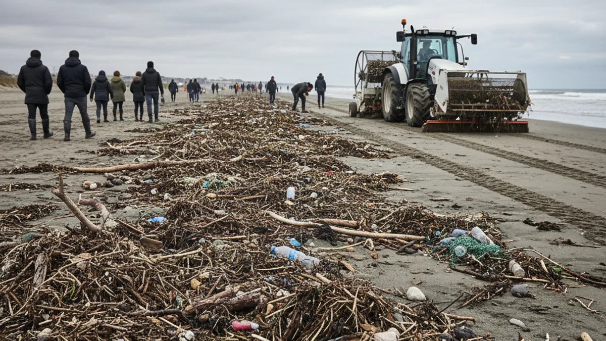 Imagen genérica de las tareas de limpieza con maquinaria en una playa llena de restos vegetales tras un temporal.