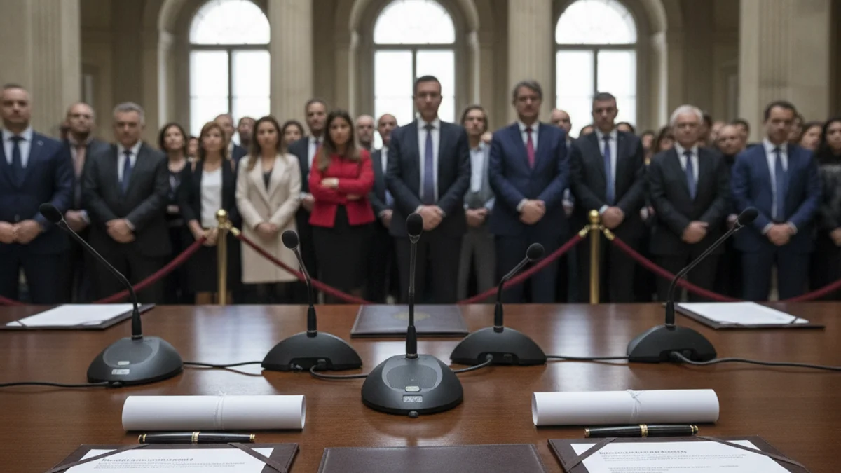 Imatge genèrica d'una taula de signatures amb documents oficials i micròfons en un acte institucional.