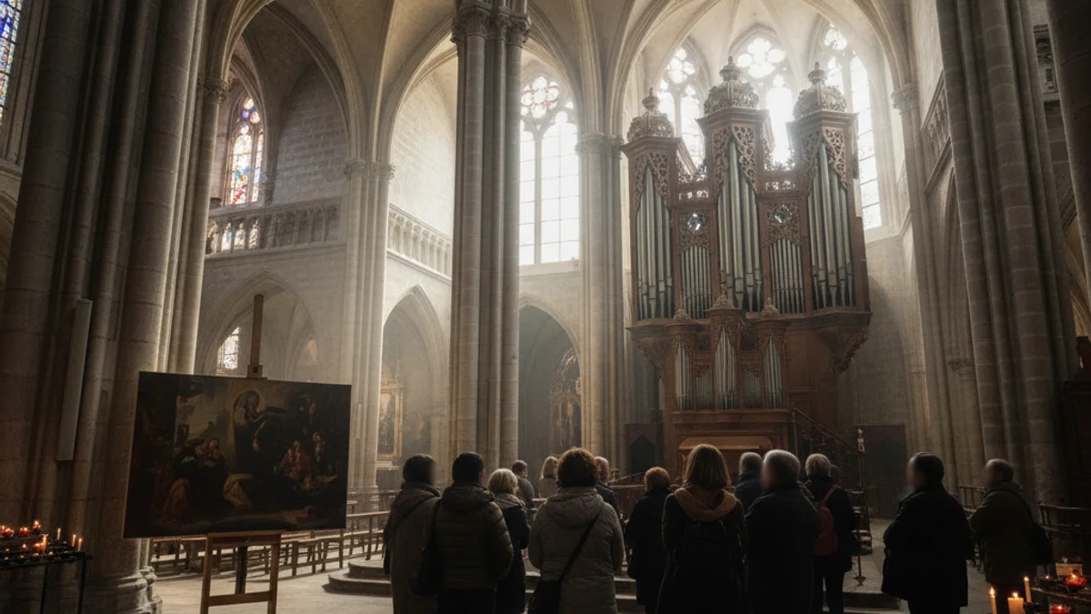 Generic image of the interior of a Gothic cathedral with dim lighting.