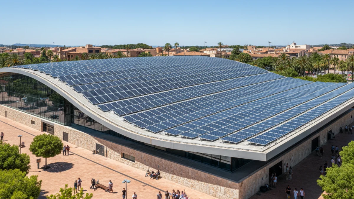 Imatge genèrica de plaques solars fotovoltaiques instal·lades a la coberta d'un pavelló poliesportiu.