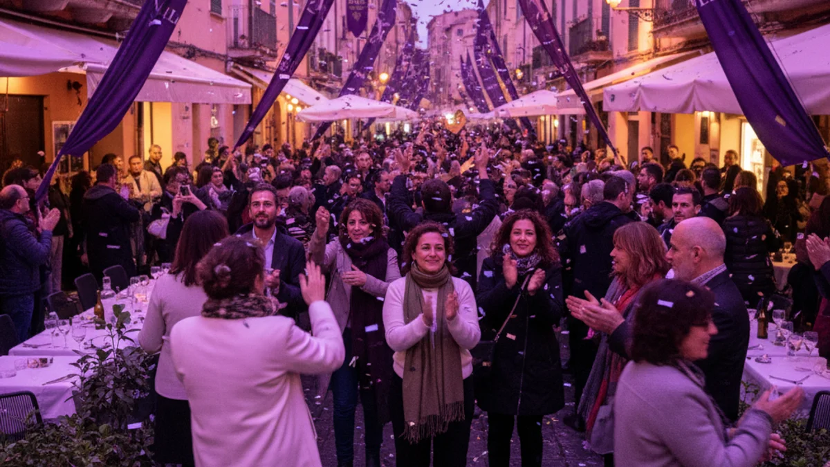 Imatge genèrica d'una celebració urbana amb il·luminació lila en honor al Dia de la Dona.