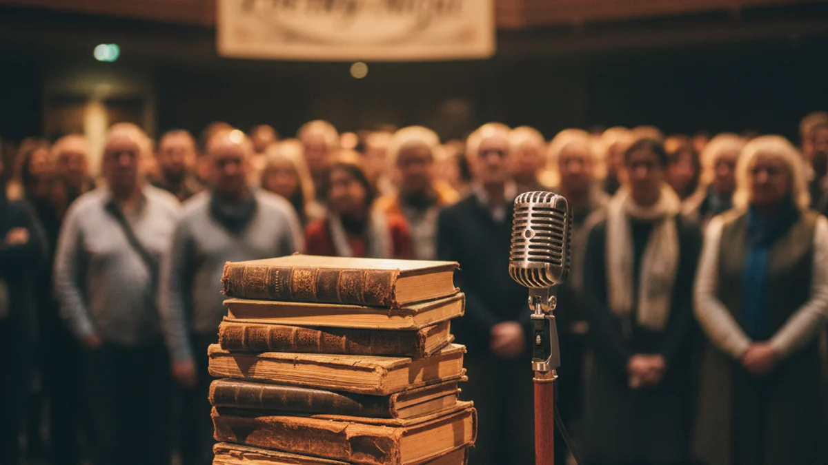 Imagen genérica de un escenario preparado para un recital de poesía con un micrófono y libros.