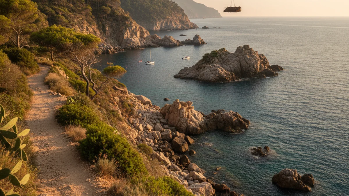 Imatge genèrica d'un helicòpter transportant material de construcció sobre un camí de ronda al litoral català.