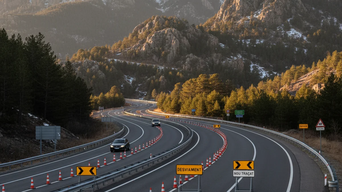 Imagen genérica de un acceso a la carretera C-16 con conos de señalización y poco tráfico.