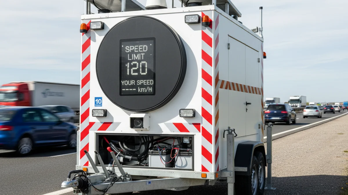 Imatge genèrica d'un radar de remolc instal·lat al lateral d'una autopista per controlar la velocitat.