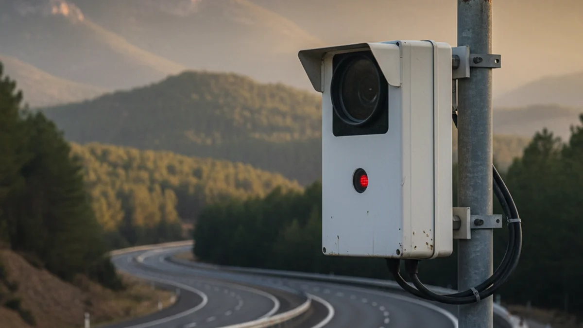 Imatge genèrica d'un radar de control de velocitat en una carretera de muntanya.