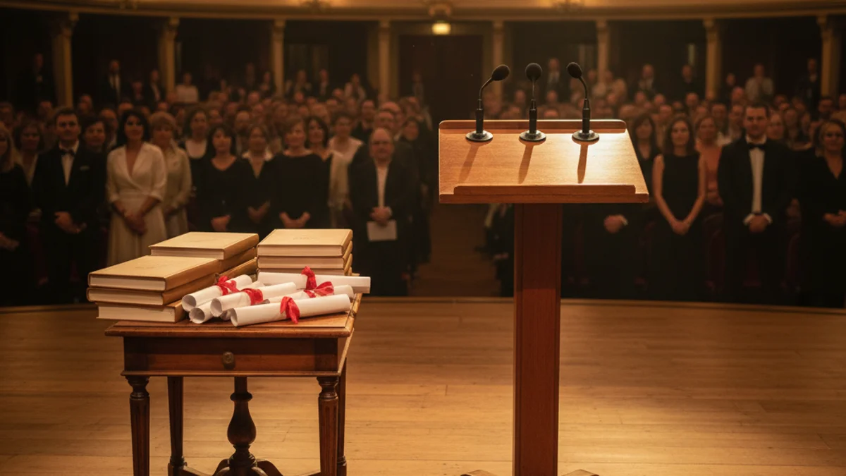 Imagen genérica de un escenario preparado para una entrega de premios literarios con libros y diplomas.