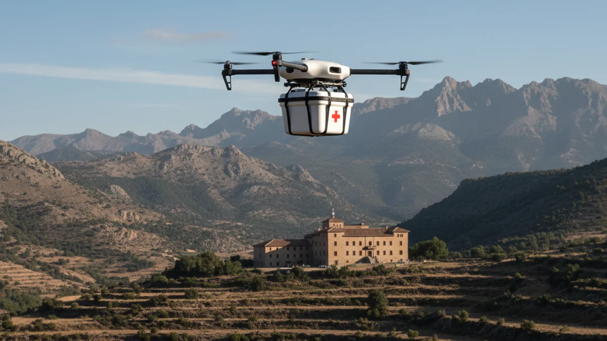 Imatge genèrica d'un dron de transport sanitari sobrevolant una zona de muntanya.