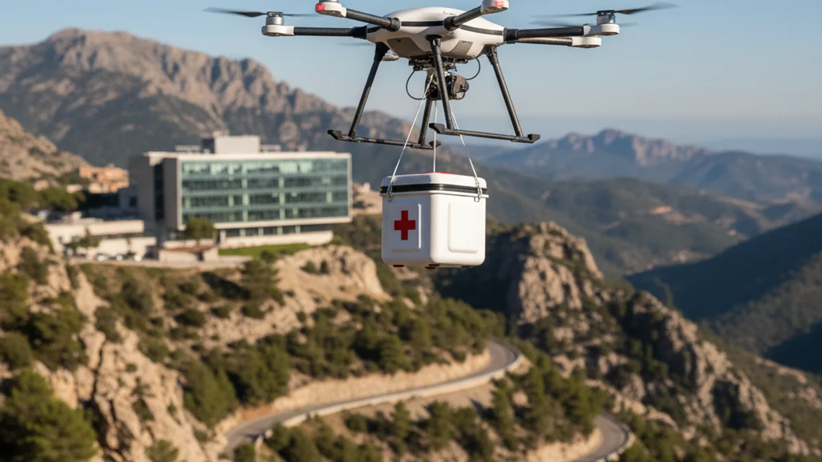 Imatge genèrica d'un dron de transport sanitari sobrevolant una zona de muntanya.