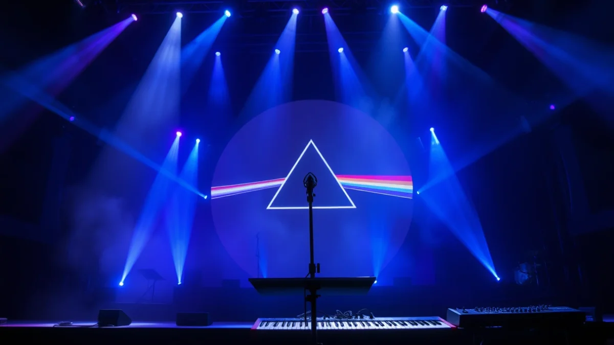 Imatge genèrica d'un escenari de rock amb llums psicodèliques i una pantalla circular de fons.