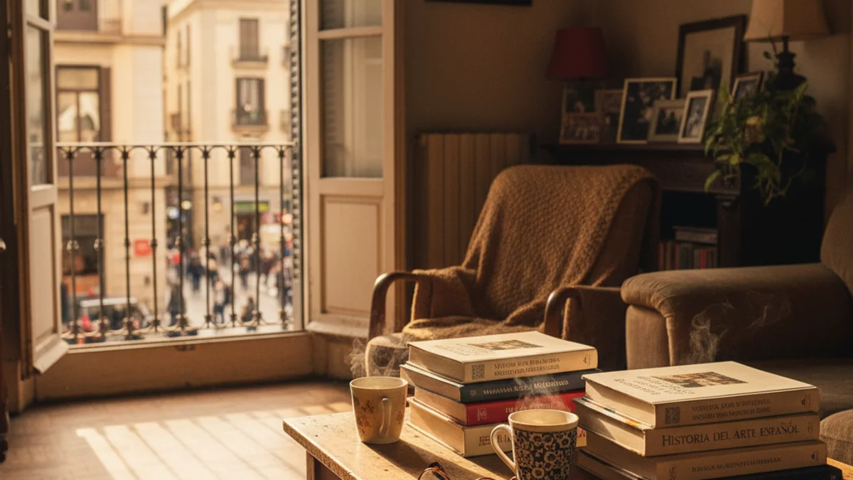 Imagen genérica del interior de una vivienda acogedora con libros de estudio y tazas de té.