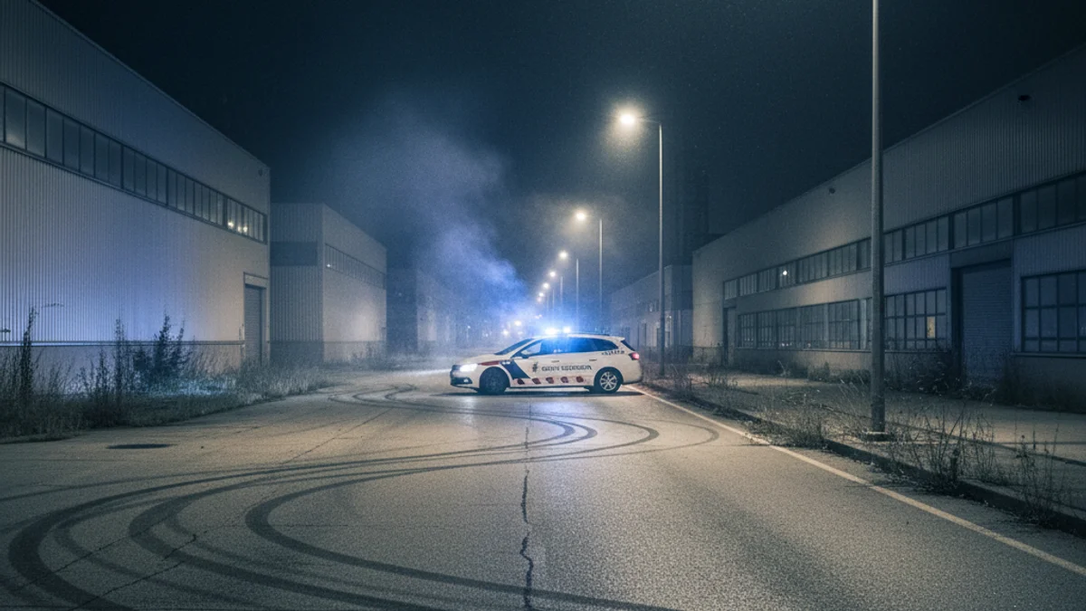 Imatge genèrica d'un polígon industrial de nit amb llums policials al fons i marques de pneumàtics a l'asfalt.