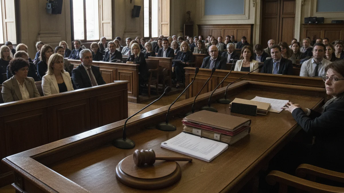 Imatge genèrica de l'interior d'una sala de vistes judicial amb micròfons i fusta noble.
