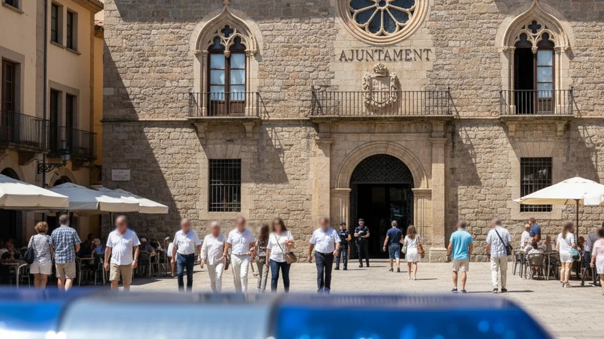 Imagen genérica de la fachada de un ayuntamiento con luces policiales difuminadas en primer plano.