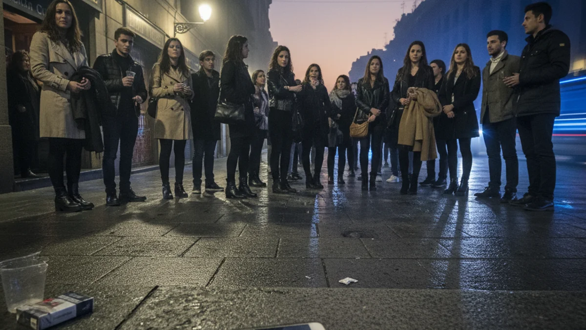 Imatge genèrica d'un telèfon mòbil a terra en un carrer fosc amb llums d'emergència difuminats al fons.