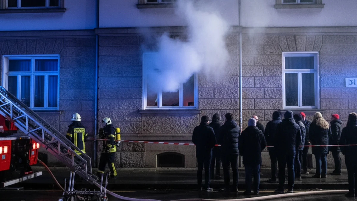 Imatge genèrica d'un edifici d'habitatges durant una emergència nocturna amb llums blaves.