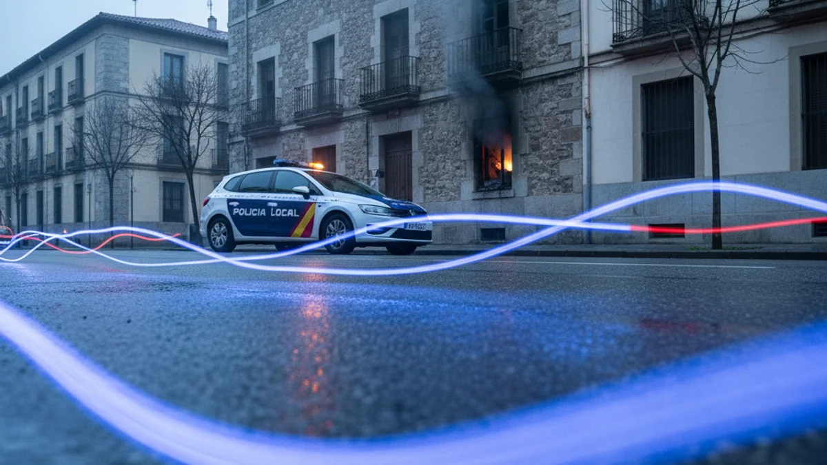 Imatge genèrica d'un carrer tallat per la policia amb llums d'emergència blaves davant d'un edifici d'habitatges.