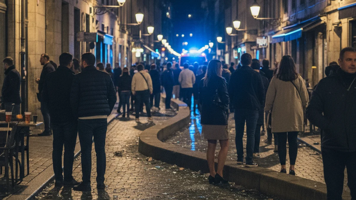Imatge genèrica d'un carrer de nit amb llums d'emergència blaus i vidres trencats a terra.