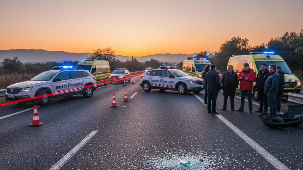 Generic image of a road section with blue emergency lights during a rescue operation.