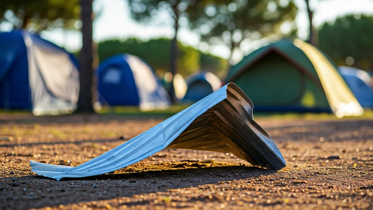Imatge genèrica d'una planxa metàl·lica doblegada a terra en un càmping, amb tendes i arbres desenfocats al fons.