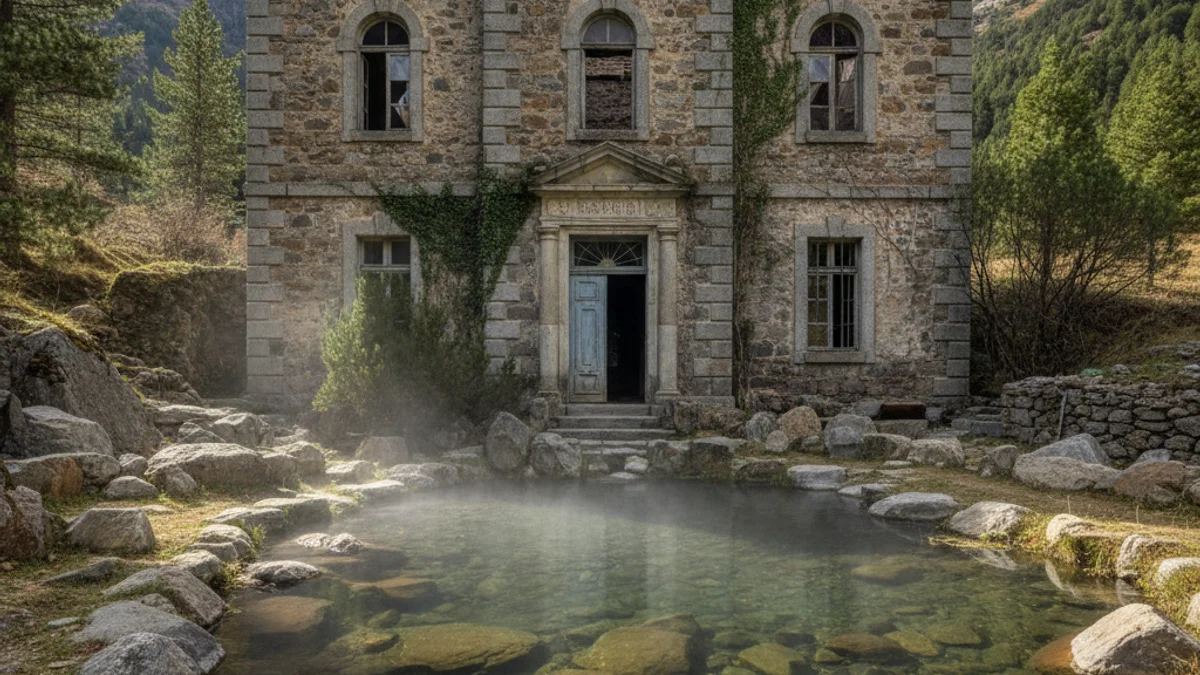 Imatge genèrica d'un antic edifici de pedra als Pirineus amb una piscina termal natural.