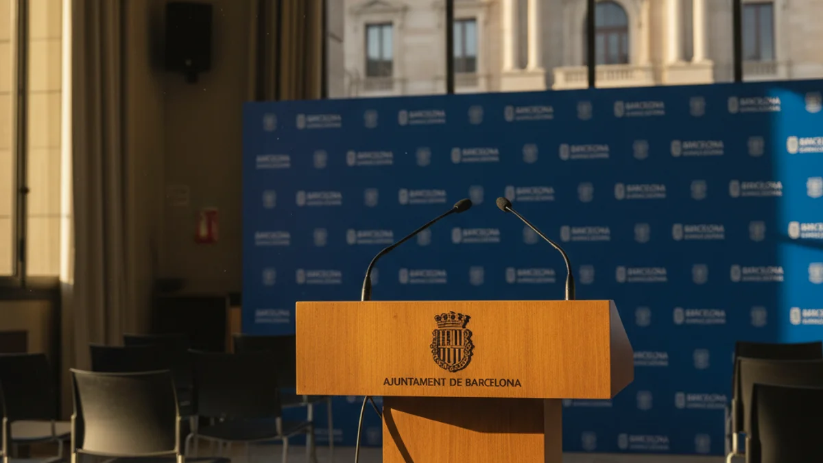 Imatge genèrica d'un micròfon en una sala de premsa amb l'Ajuntament de Barcelona al fons.