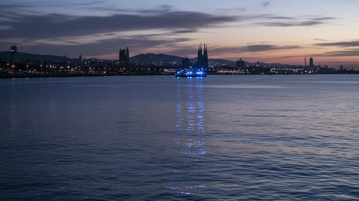 Imatge genèrica de la zona marítima de Barcelona amb llums d'emergència reflectides a l'aigua.