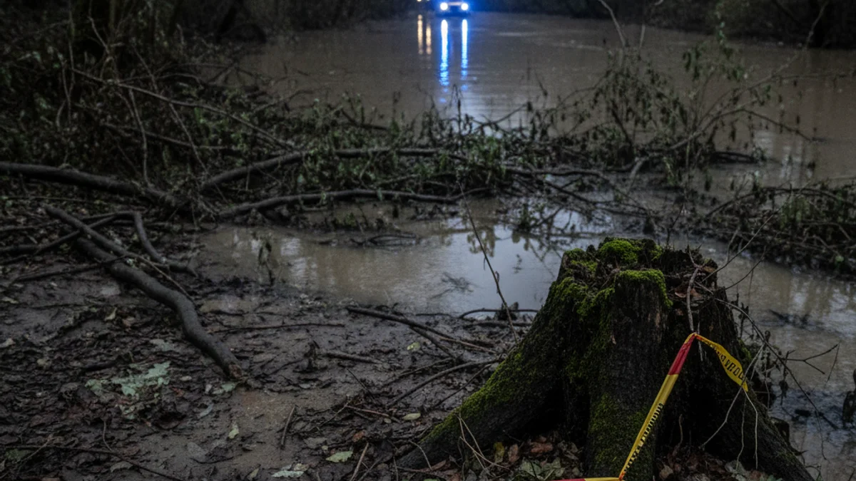 Generic image of a riverbank with dense vegetation and murky water after a storm.