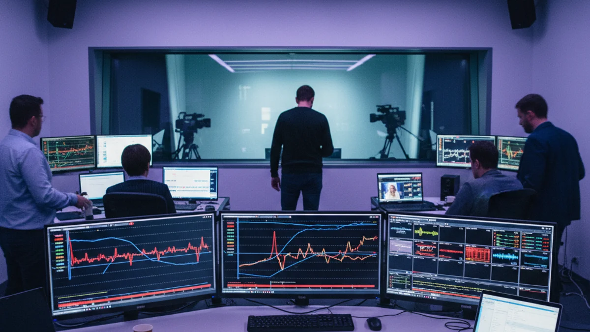 Imatge genèrica d'una sala de control de televisió amb pantalles de dades d'audiència.