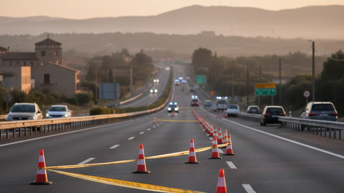 Generic image of a highway stretch with blue emergency lights and traffic cones during a cloudy morning.