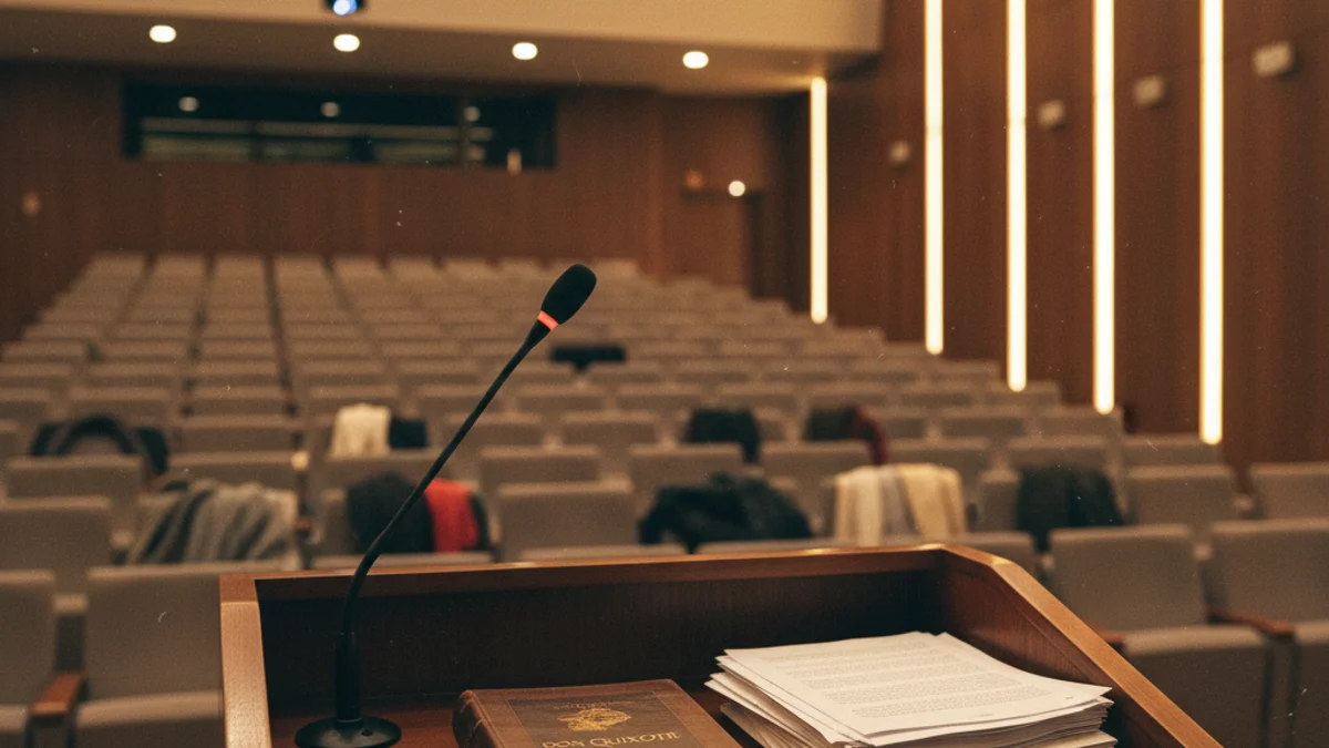 Imatge genèrica d'un podi amb un micròfon en un centre cultural durant un acte acadèmic.