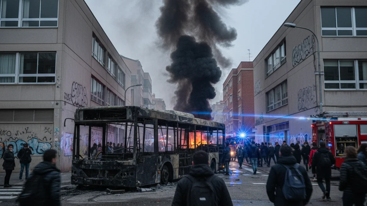 Imatge genèrica d'un autobús urbà calcinat després d'un incendi en una via pública.