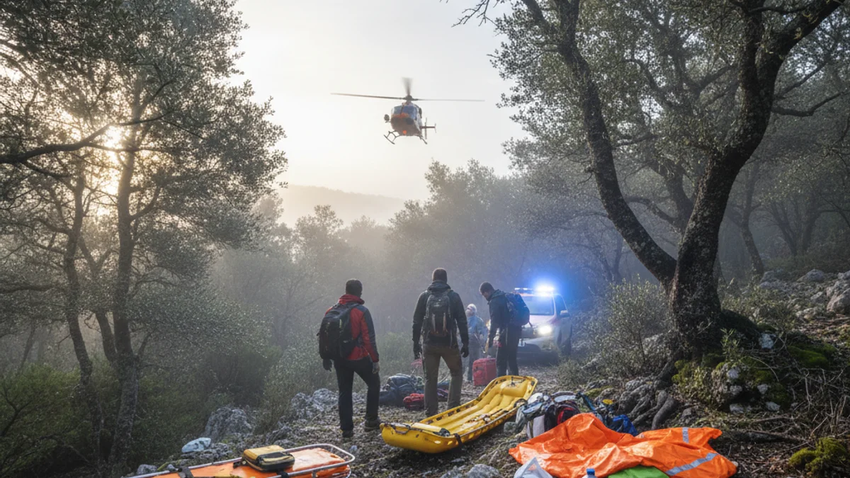 Imatge genèrica d'un rescat de muntanya amb un helicòpter d'emergències en una zona boscosa.