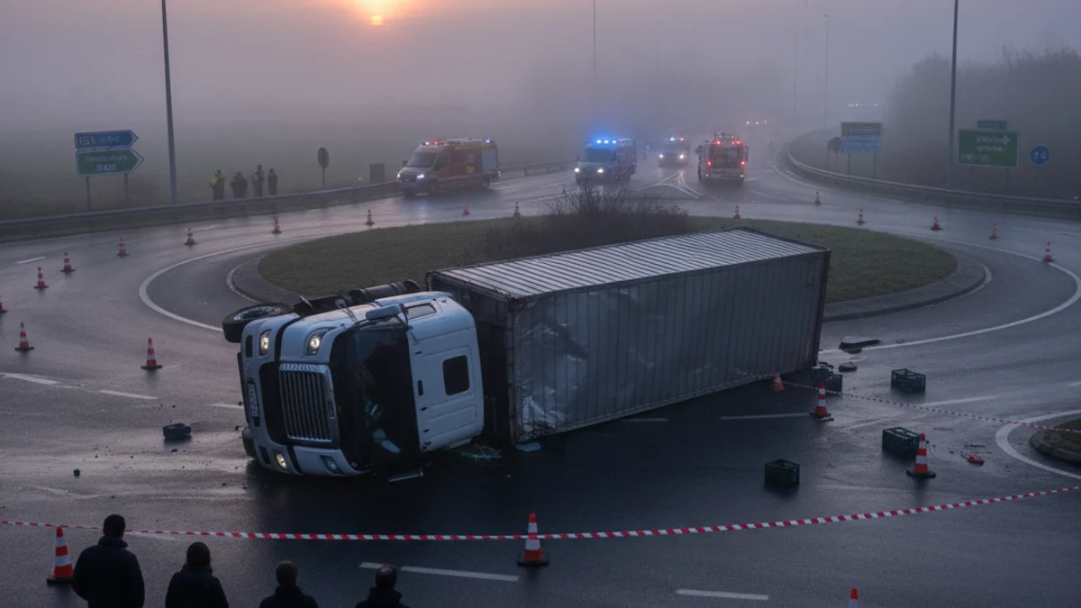 Imatge genèrica d'un camió bolcat en una carretera durant la matinada amb llums d'emergència.