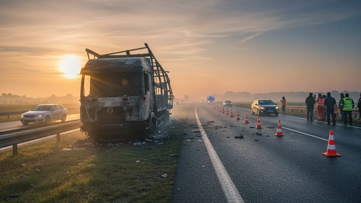 Imatge genèrica d'un camió calcinat al voral d'una autopista amb un carril tallat al trànsit.