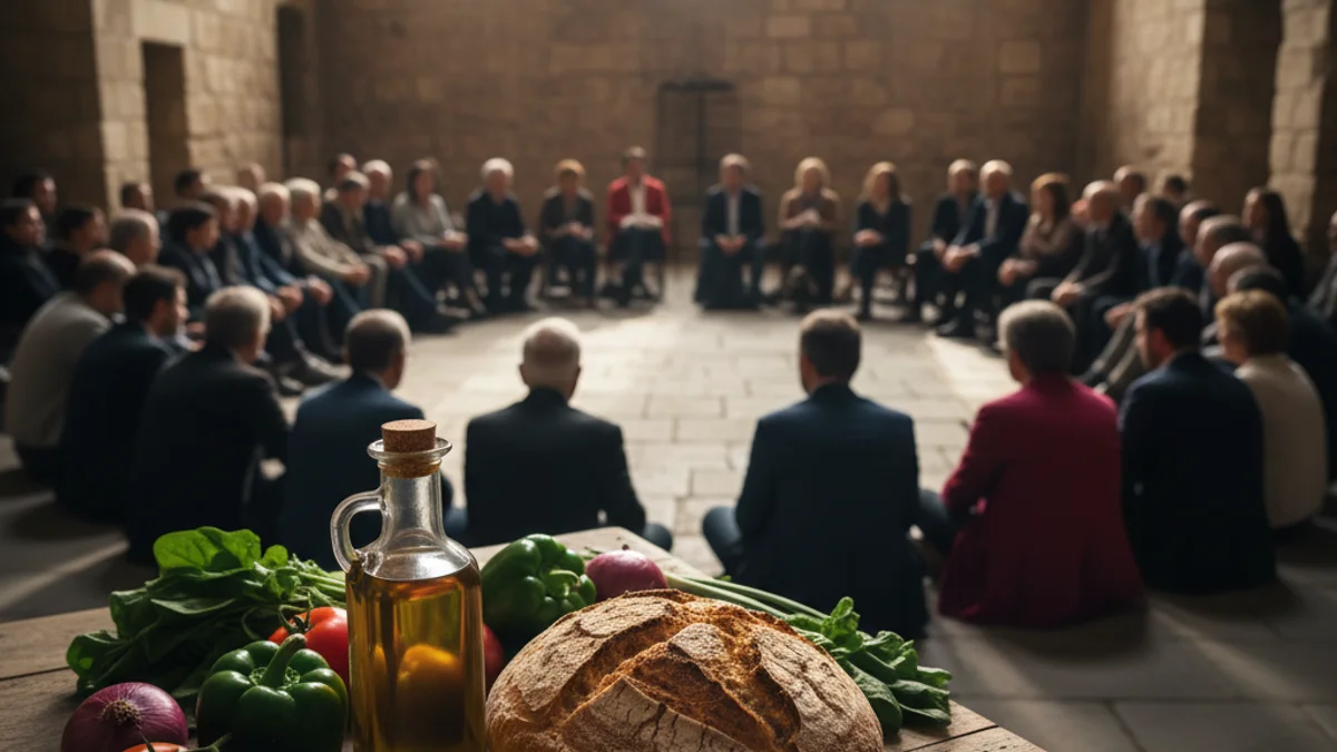 Generic image of a meeting about food sovereignty with local products in the foreground.