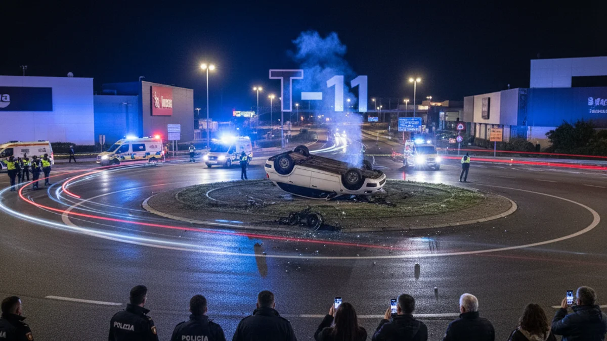 Imatge genèrica d'un accident de trànsit nocturn amb llums d'emergència blaves en una rotonda.