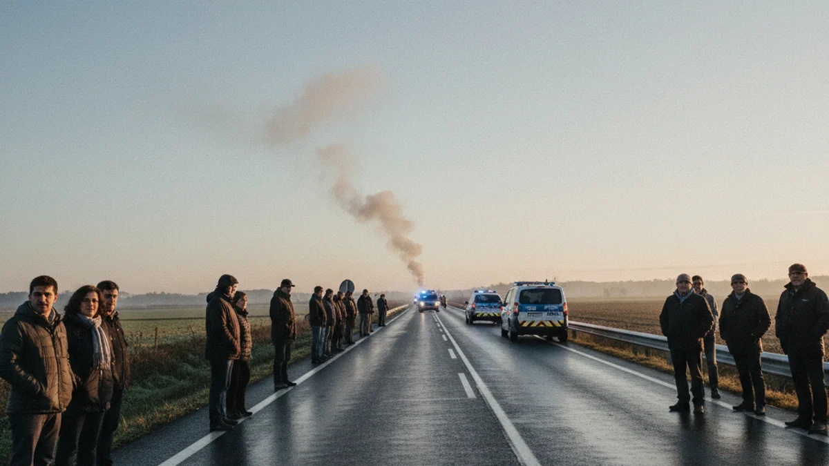 Generic image of a road with blue emergency lights in the distance at dawn.