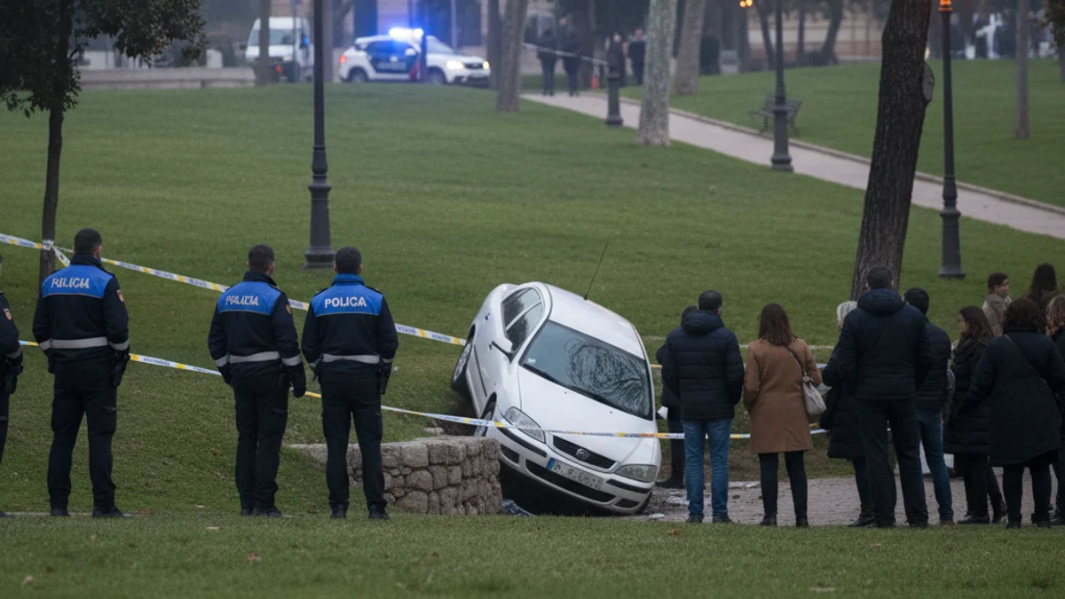 Imatge genèrica d'un vehicle accidentat en una zona verda urbana després de caure per un terraplè.