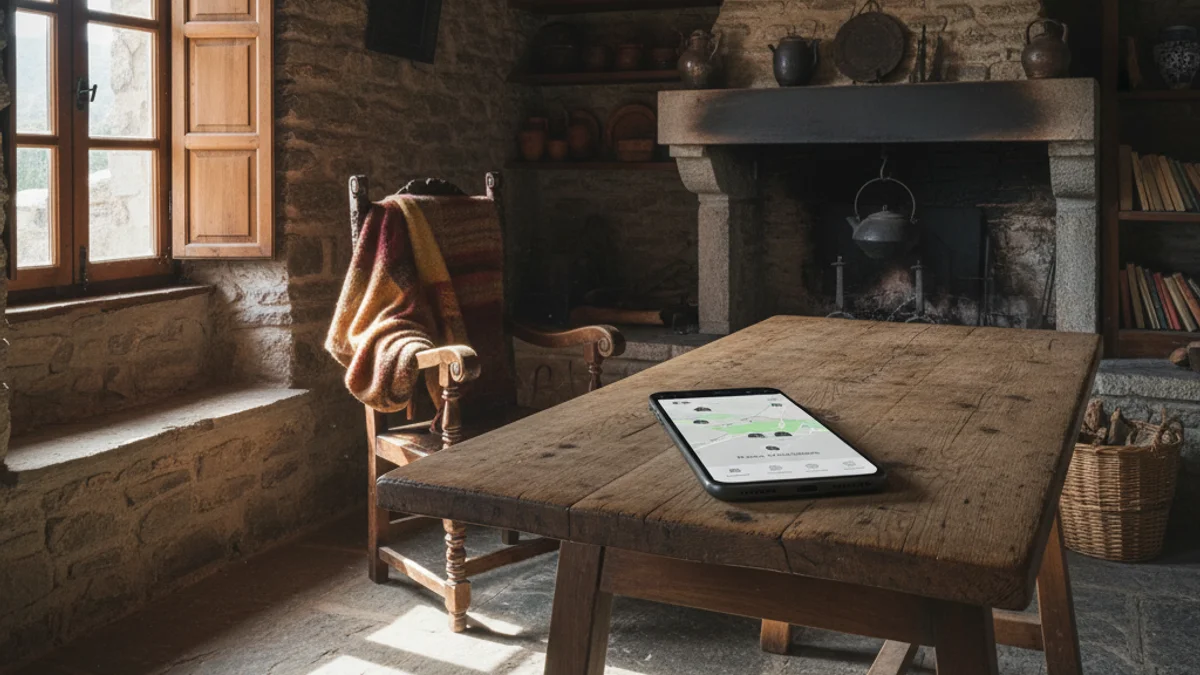 Imatge genèrica d'un telèfon mòbil amb una aplicació de mapes sobre una taula de fusta en una casa rural.