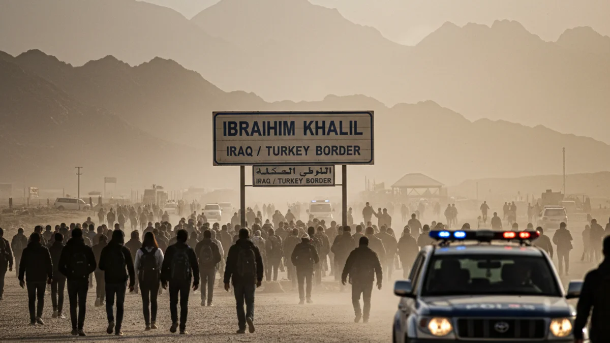 Imatge genèrica d'un pas fronterer amb senyalització internacional en una zona de conflicte.