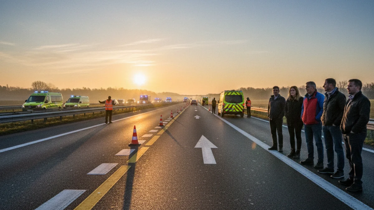 Imatge genèrica d'un tram de l'autopista AP-2 amb llums d'emergència durant la matinada.
