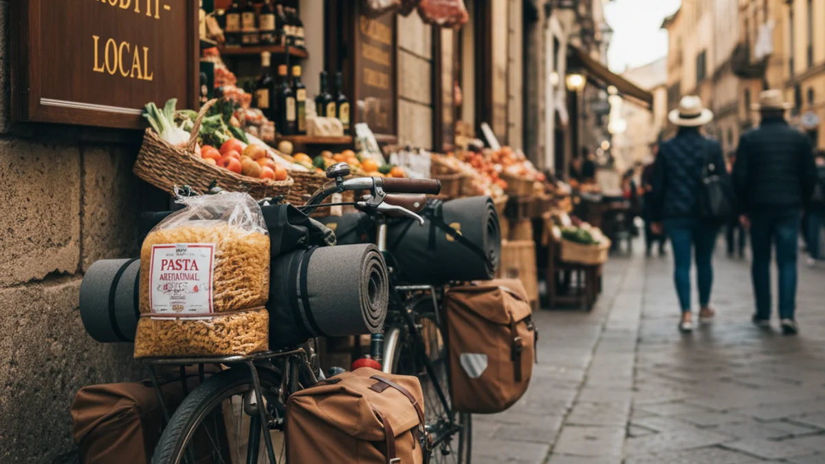 Imatge genèrica d'una bicicleta de viatge aparcada davant d'una botiga de queviures.