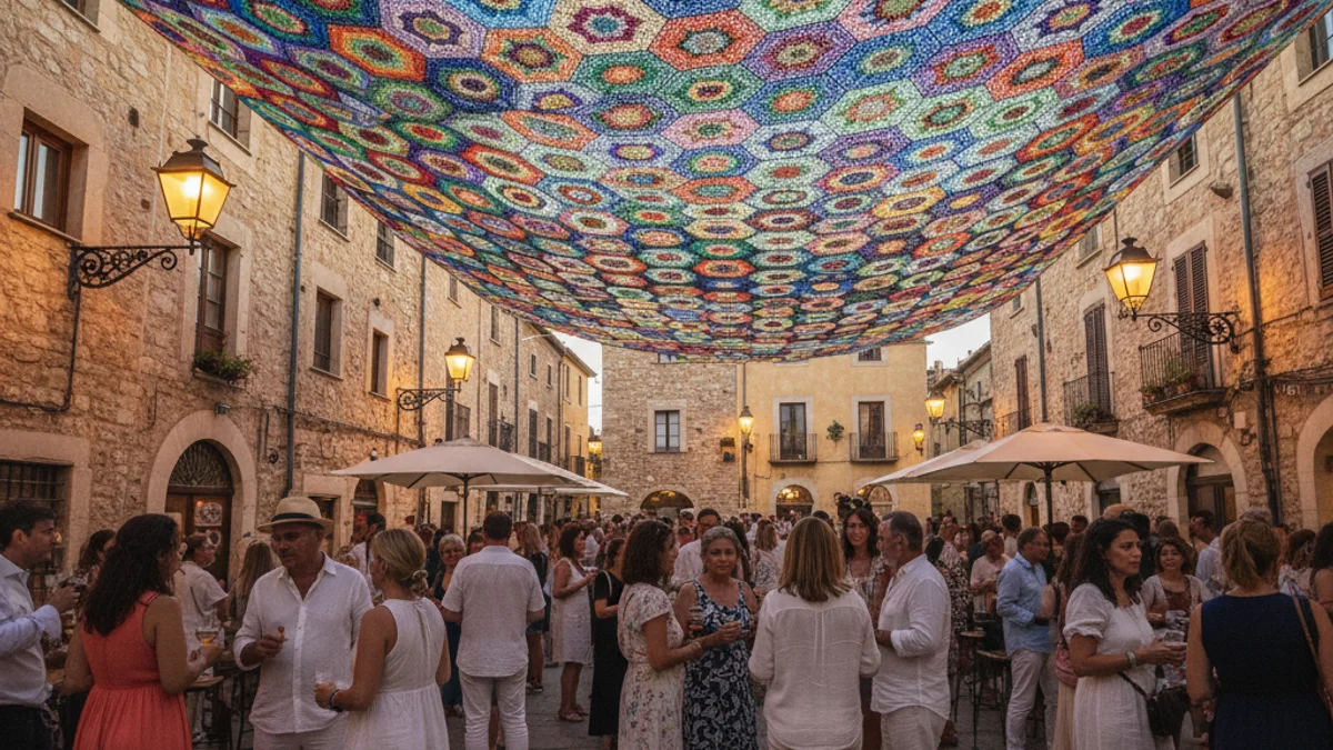 Imatge genèrica d'un gran tendal de ganxet de colors instal·lat en una plaça per oferir ombra.