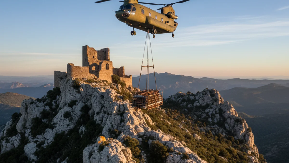 Imatge genèrica d'un helicòpter transportant material de construcció cap a una fortalesa medieval en una zona muntanyosa.