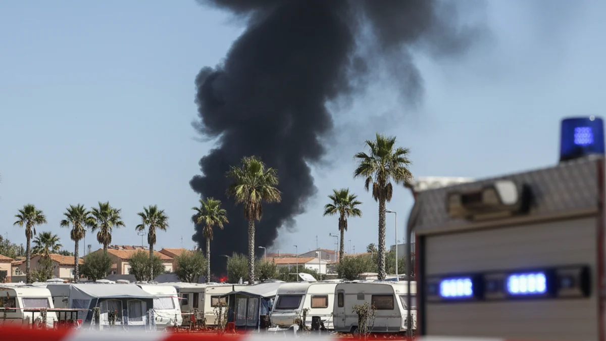 Generic image of a black smoke column in a holiday setting with caravans.
