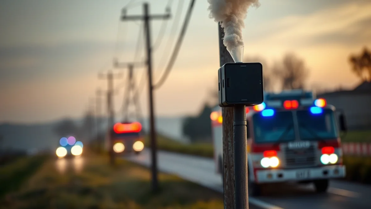 Imatge genèrica d'una línia elèctrica d'alta tensió en una zona rural amb presència de serveis d'emergència.