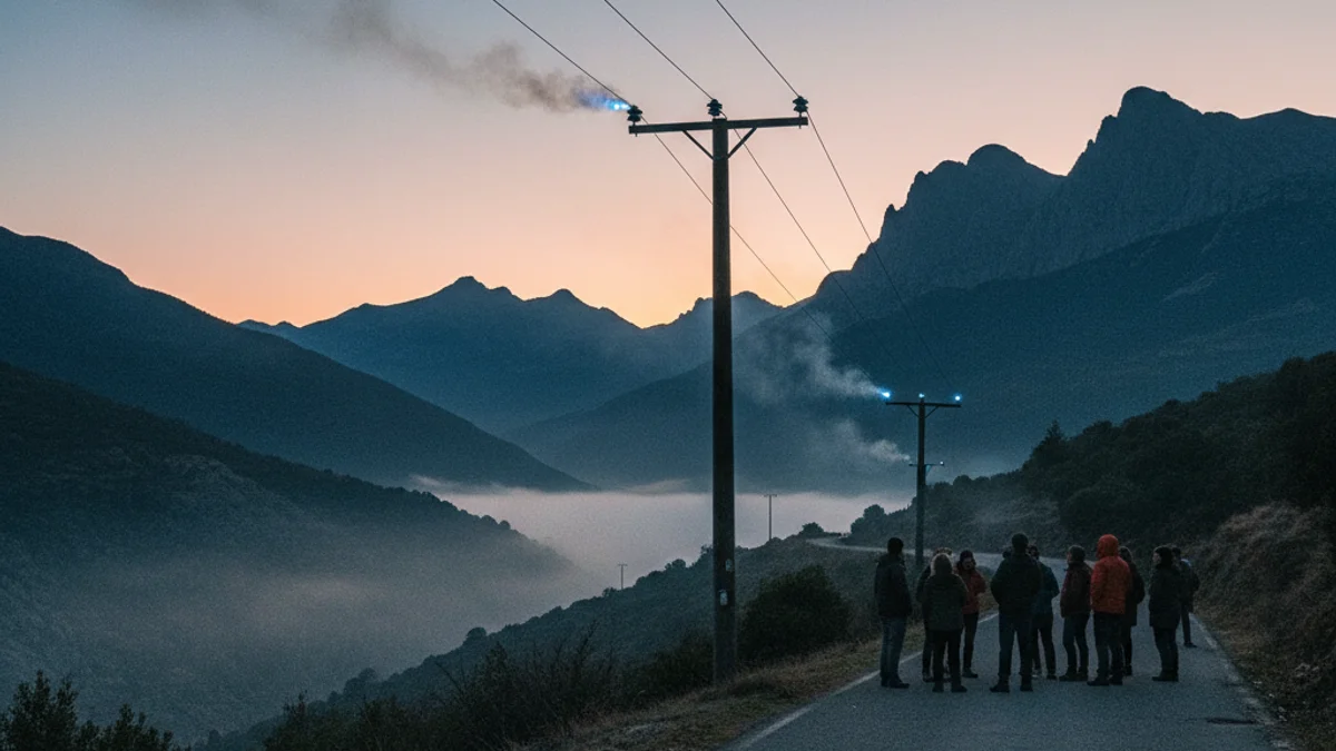 Imatge genèrica d'una línia elèctrica en una zona de muntanya durant l'alba.
