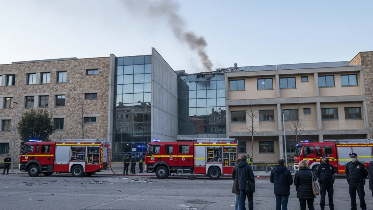 Generic image of fire department units deployed in front of a public building following a smoke report.