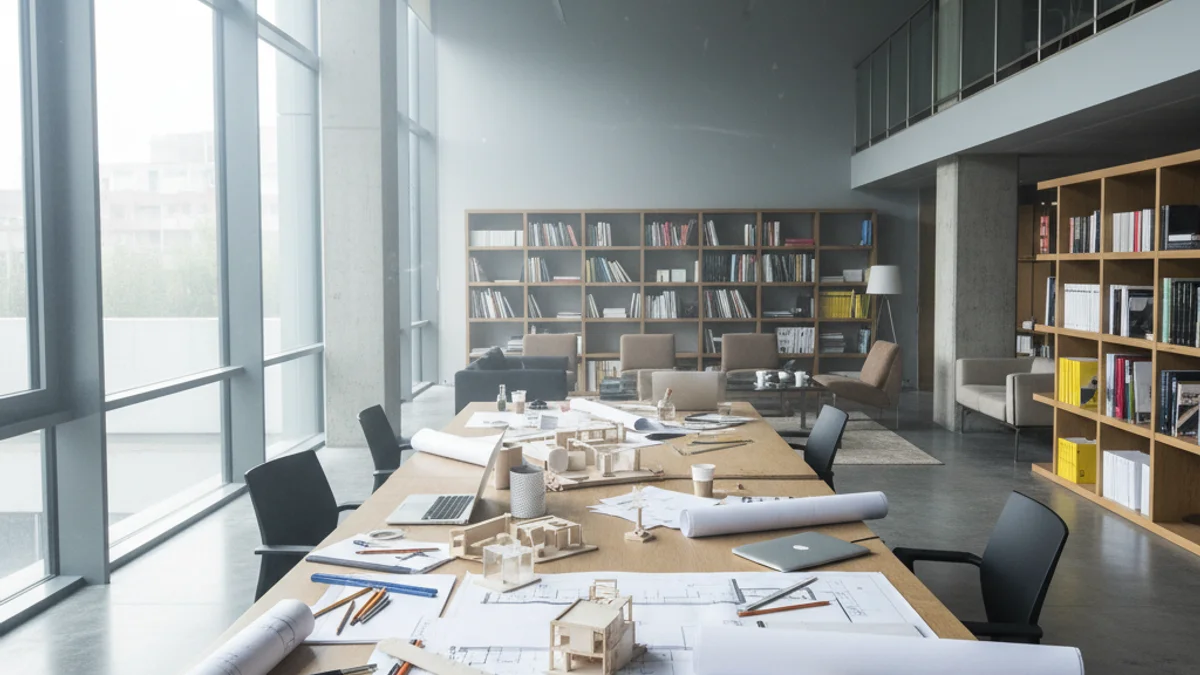 Imatge genèrica d'un estudi d'arquitectura amb plànols i maquetes sobre una taula.